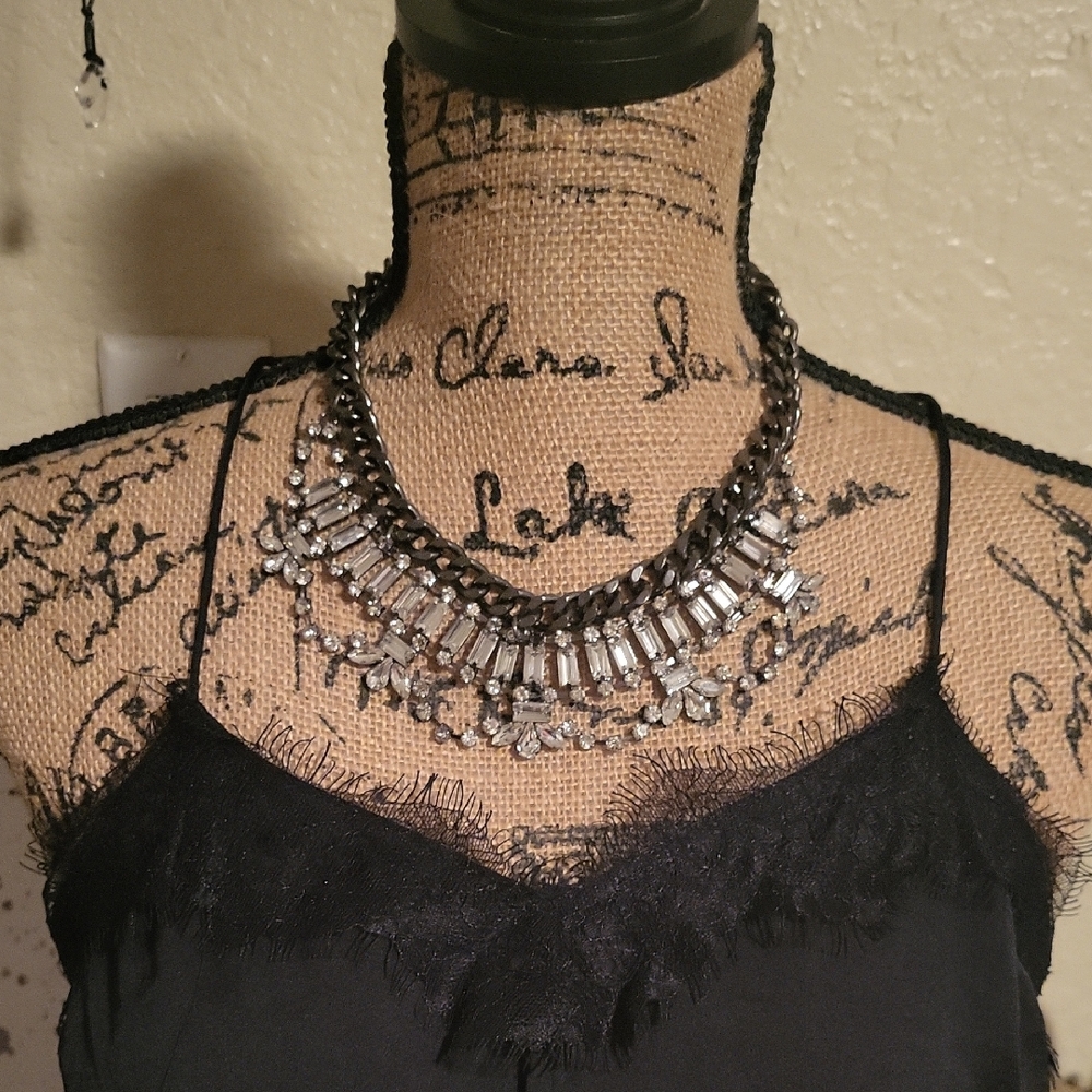 Anthropologie Silver Statement Necklace with Crystal Accents